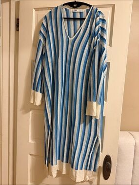 Zara Blue and White Striped V‑Neck dress/swim cover-up